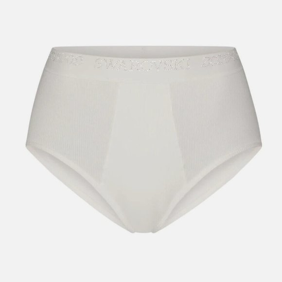 SWAROVSKI X SKIMS Ribbed High-Rise Crystal Logo Briefs Light Marble White